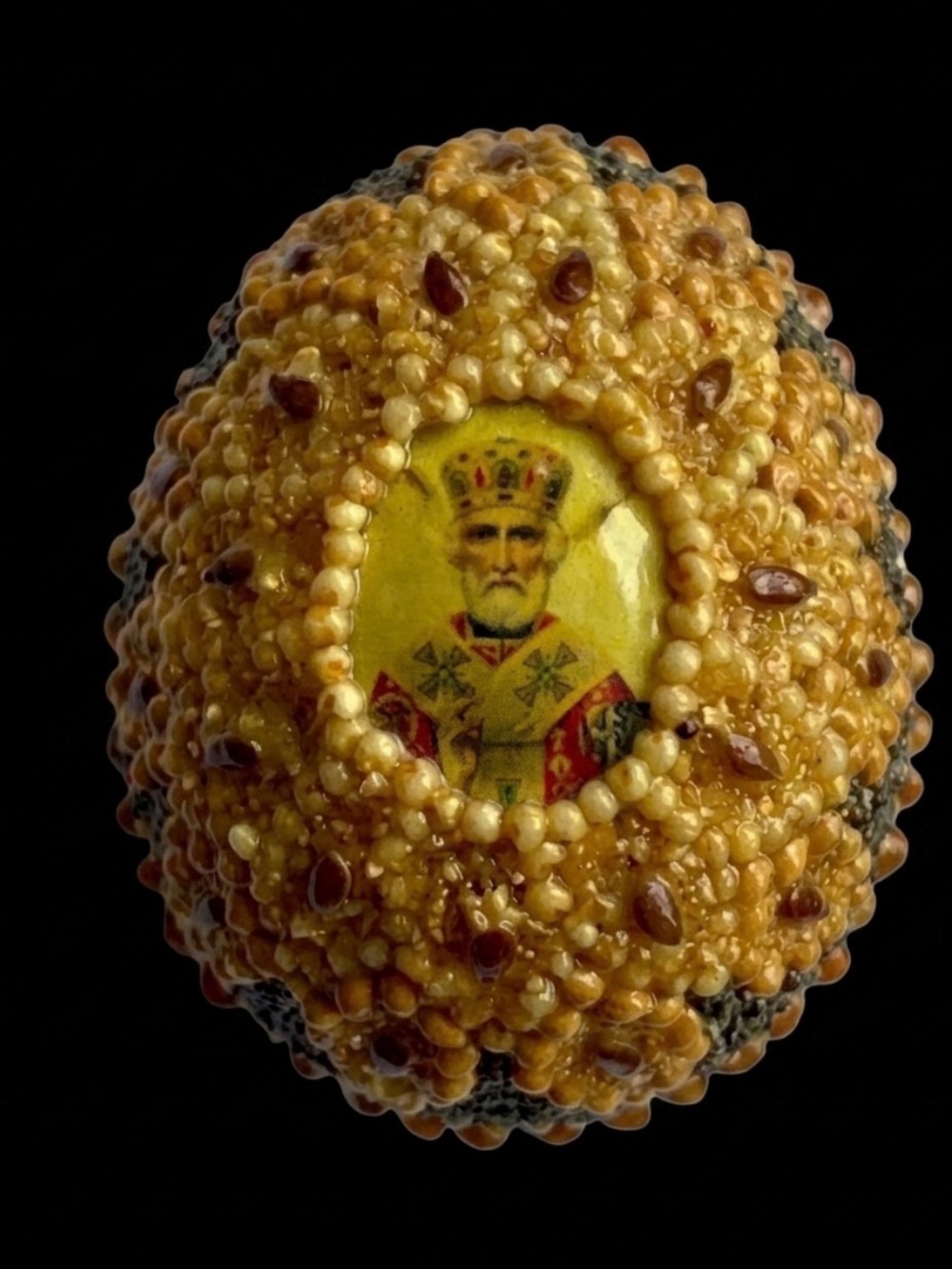 Vtg Wax Beaded Egg St. Nicholas Orthodox Cross Monastic Art Ukraine